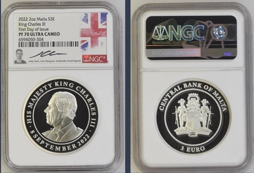 2022 MALTA S3€ 2oz KING CHARLES III NGC PF70 FIRST DAY ISSUE JODY CLARK SIGNED