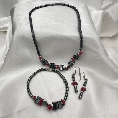 Vintage 90s Necklace Bracelet Earrings Set Hematite Red Chip Beads Boho Jewelry