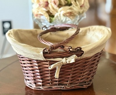 Vintage Woven Wicker Double Swing Handle, Oval, Cloth Liner, 13x11x6 