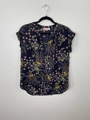 Philosophy Republic Womens Floral Print Blouse S Lightweight Short Sleeve Black