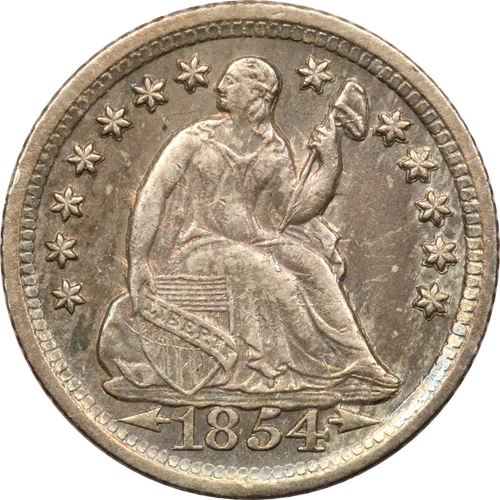 1854-O Arrows Seated Liberty Half Dime, About Uncirculated AU, Colorful Toning!