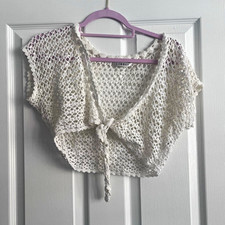 George White Open-Knit Crochet Tie-Front Bolero Shrug V-Neck Short Sleeve M