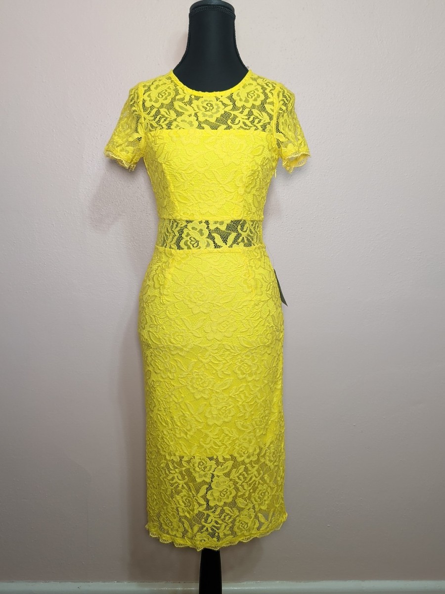 Nordstrom Yellow Floral Lace Midi Dress Short Sleeve Occasion Size