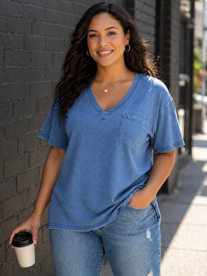 SHEIN Curve 2XL Acid Wash Blue V Neck Tee Exposed Seam Pocket Soft Casual Top