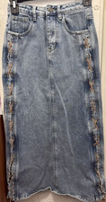Lace Up Side Denim Skirt. Suede Style Ties High Waisted Western Boho. waist 12"