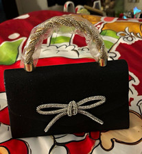 Women  s Black Evening Top Handle Bag Rhinestone Bow Silver Tone Magnetic