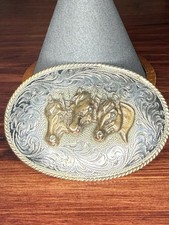 Vintage Sterling Silver Triple Horse Head Belt Buckle Brass Accents Western