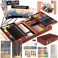 Deluxe Art Set W/ Wooden Case Drawing Supplies Beginners  Professionals New