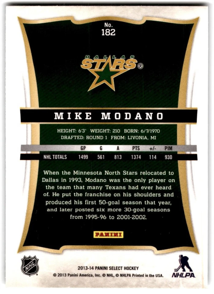 2013-14 Panini Select Mike Modano #182 Dallas Stars - Image 2 of 2