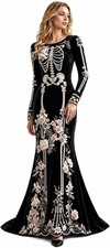 Women Skeleton Dress Long Sleeve Gothic 3D Digital Print Maxi Halloween Dresses