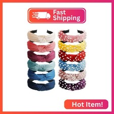 VELSCRUN Pearl Headbands with Beads: White, Pink, Red, Blue Knotted Wide Top Kno