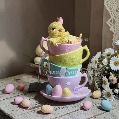 Easter Chick Snuggled In Pastel Teacups With Easter Eggs & A Tulip Bunny & Bean