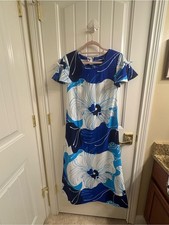 Tropicana Hawaii Vintage Blue White Floral Hibiscus Midi Dress Size 8 60 s