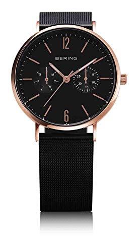 Bering Unisex Watch Black Leather Mesh Straps Rose Gold 14236