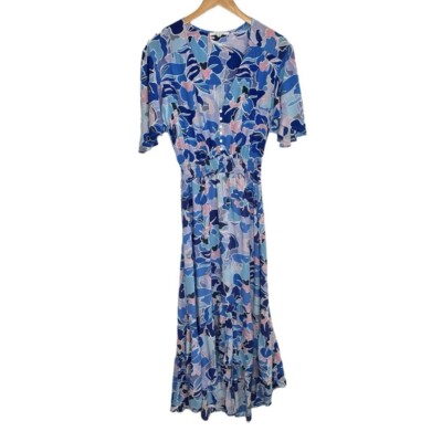 Abel the Label Womens Floral High Low Midi Dress Sz Medium Blue Flutter Sleeve