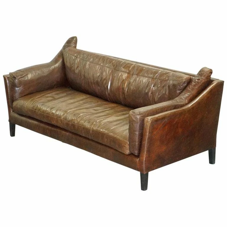 HAND DYED VINTAGE BROWN LEATHER LARGE DESIGNER CONTEMPORY SOFA VERY COMFORTABLE