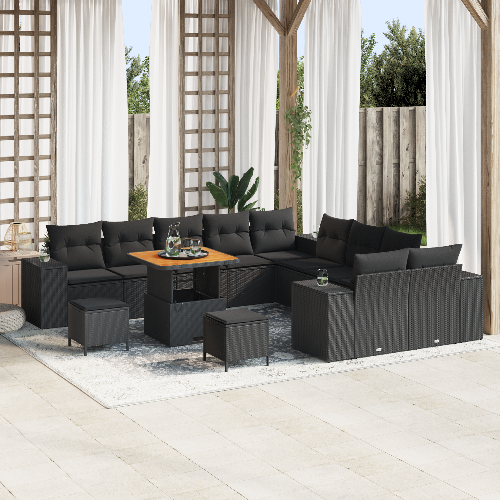 Set di Divani da Giardino Set di 4 Nero Rattan, Poliestere Grande 2104669