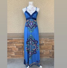 Forever 21 Boho Maxi Dress Blue Medallion Print Empire Waist Size Medium GREAT