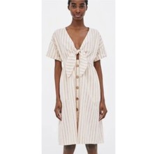 ZARA Linen Blend Striped Knotted Short Sleeve Mini Dress Size S