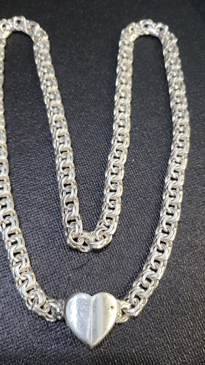 925 Sterling Silver Chino Link Necklace Heart Pendant 16 Inch 30