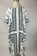 Ann Taylor Loft White Steel Blue Placed Floral Border Hem Shift Dress Medium