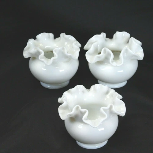 Fenton White Milk Glass Ruffled Vases 4" Tall 5'' Wide  Lot of 3