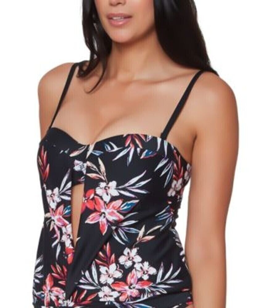 Bar III Women's Swimsuit Black Floral-Print Tankini Swim Top, US Large