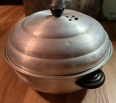 Vintage Two Piece Aluminum Bun Warmer Serving Vented Pan Mid Century
