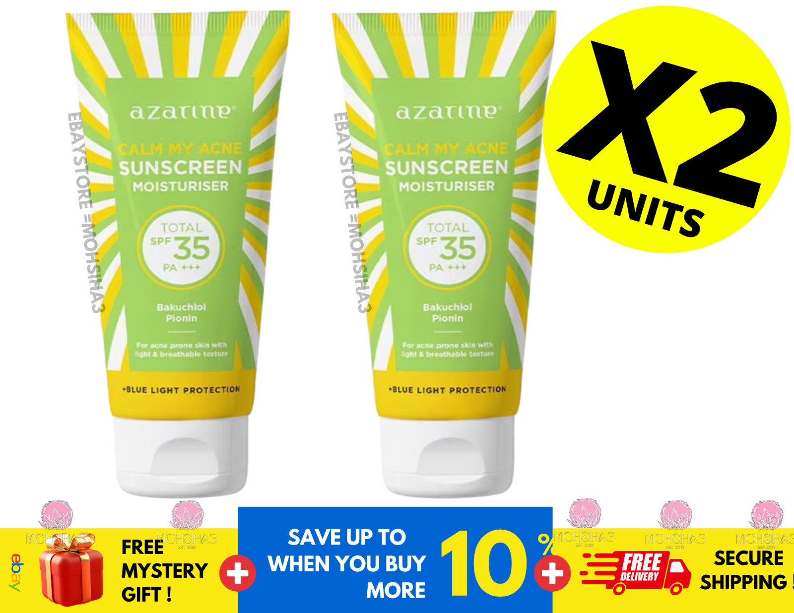 Azarine Calm My Acne Sunscreen Moisturiser SPF35 PA+++ 40g ( X 2 )