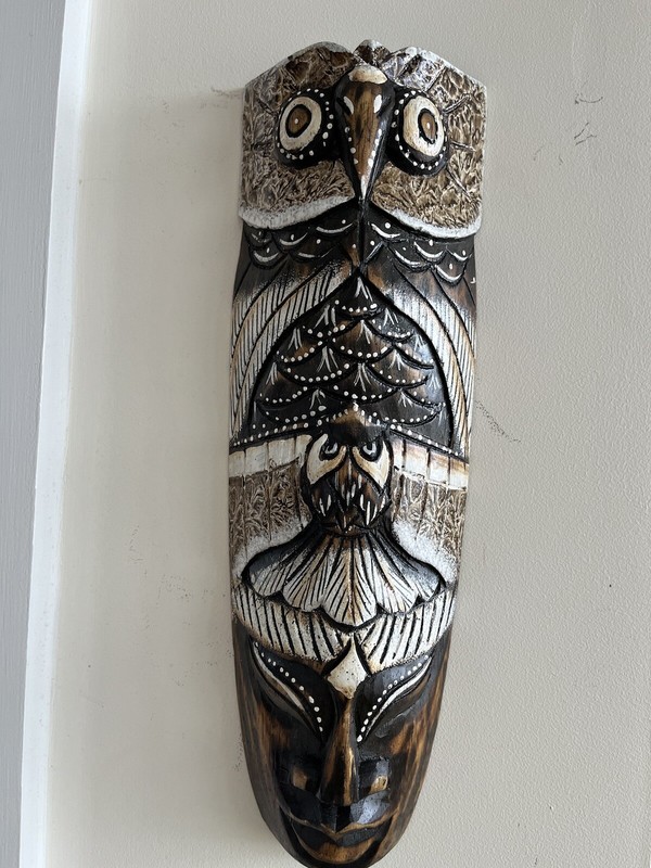 Original Tribal Carved hand painted lucky Owl 🦉 Bird Wood Mask 12" wall Decor