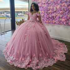 Pink Lace Quinceanera Dresses Ball Gown With Cape 3D Flower Birthday Sweet 16