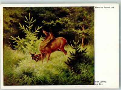 39875052 Deer with fawn signed by Aster Ernst Ludwig Verlag Wiechmann No. 362