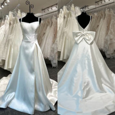 Satin Wedding Dresses with Bow Beading Sleeveless Beach Vintage Bridal Gowns