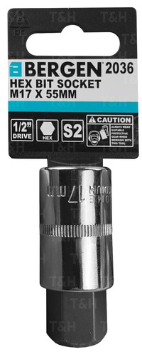 BERGEN-Hex-Socket-H17mm-1-2-034-Drive-55mm-17mm-Hex-Key-Single-Socket-Allen-Key
