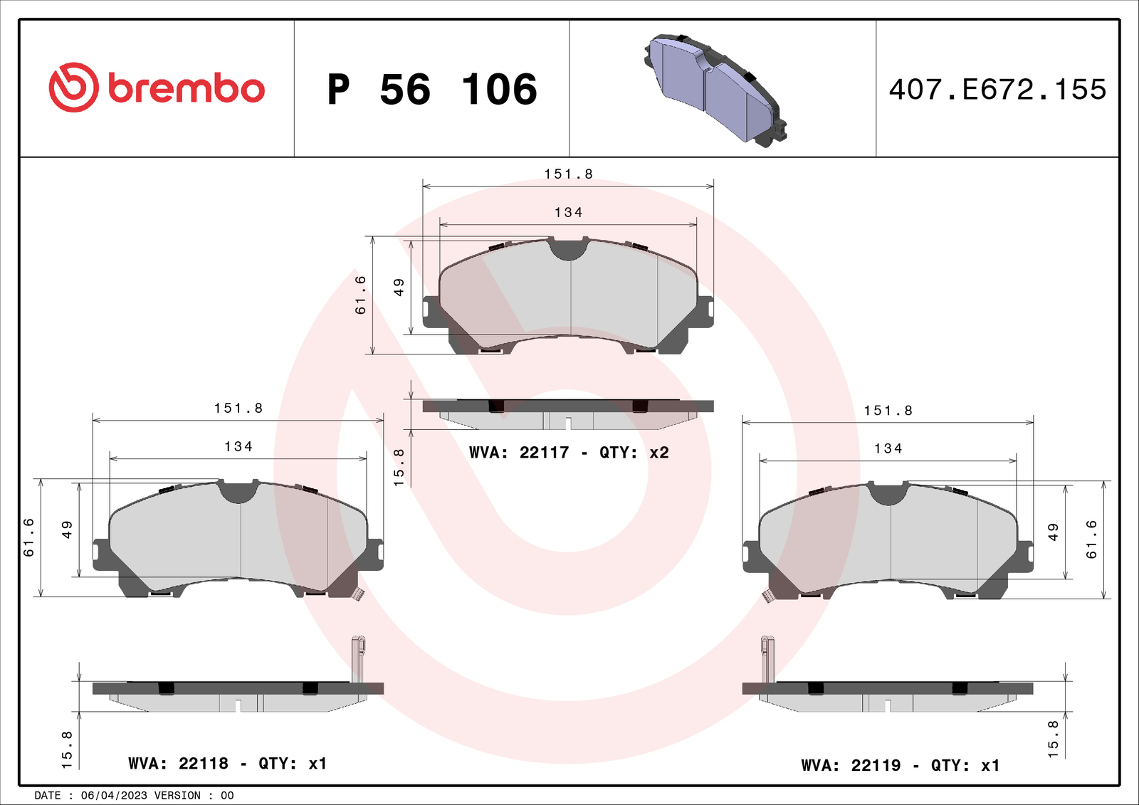 Front BREMBO P 56 106 Brake Pad Set, disc brake for INFINITI,INFINITI (DFAC),NIS