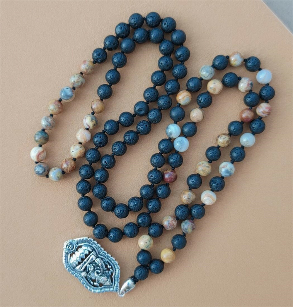 8mm Volcanic Rock 108 Beads Tassel Knotted Necklace Chakra Meditation Yoga
