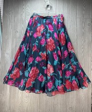 Vintage 80s Retro Silk Floral Midi Skirt Size 8 Blue Pink Flowers Lined Women  s
