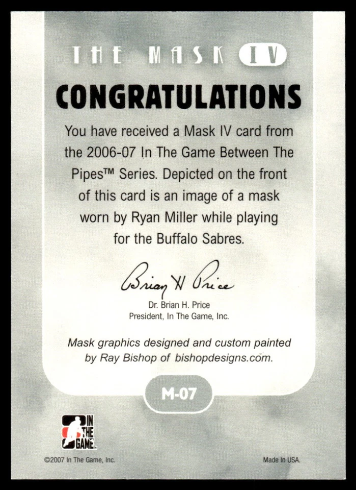 2006-07 In The Game Between Pipes Mask IV Ryan Miller Buffalo Sabres #M-07 - Image 2 of 2