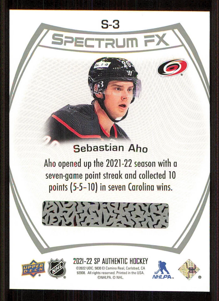 2021-22 SP Authentic Spectrum FX #S3 Sebastian Aho - Image 2 of 2