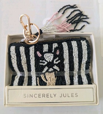 Sincerely Jules bead Beaded Striped Cat Pouch Wallet Black White Pink Tassel New