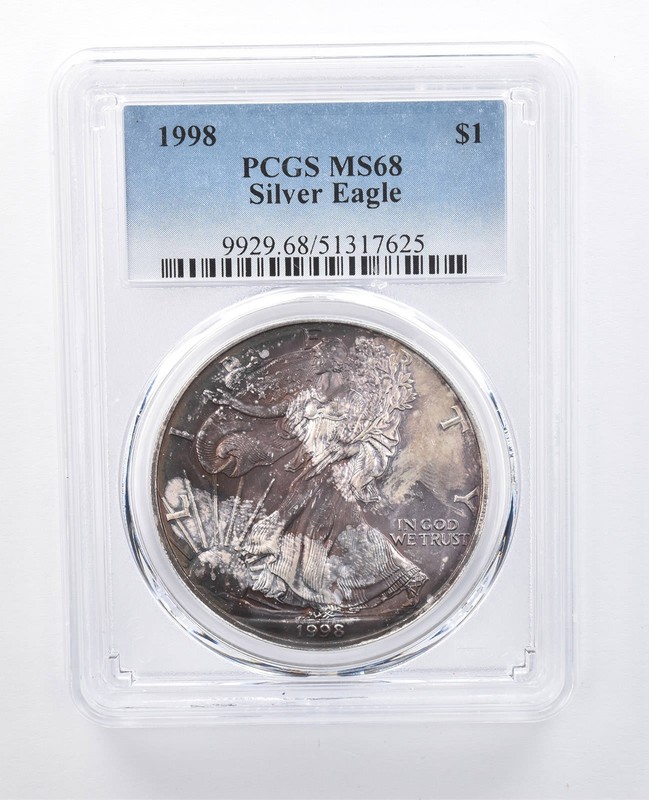 1998 American Silver Eagle MS68 PCGS Purple Tone a8153