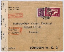 ai2567 - PORTUGAL - Postal History - Censor AIRMAIL REGISTERED COVER to GB 1943