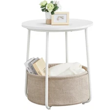 Small Round Side End Table, Modern Nightstand with Fabric Basket, Matte White...
