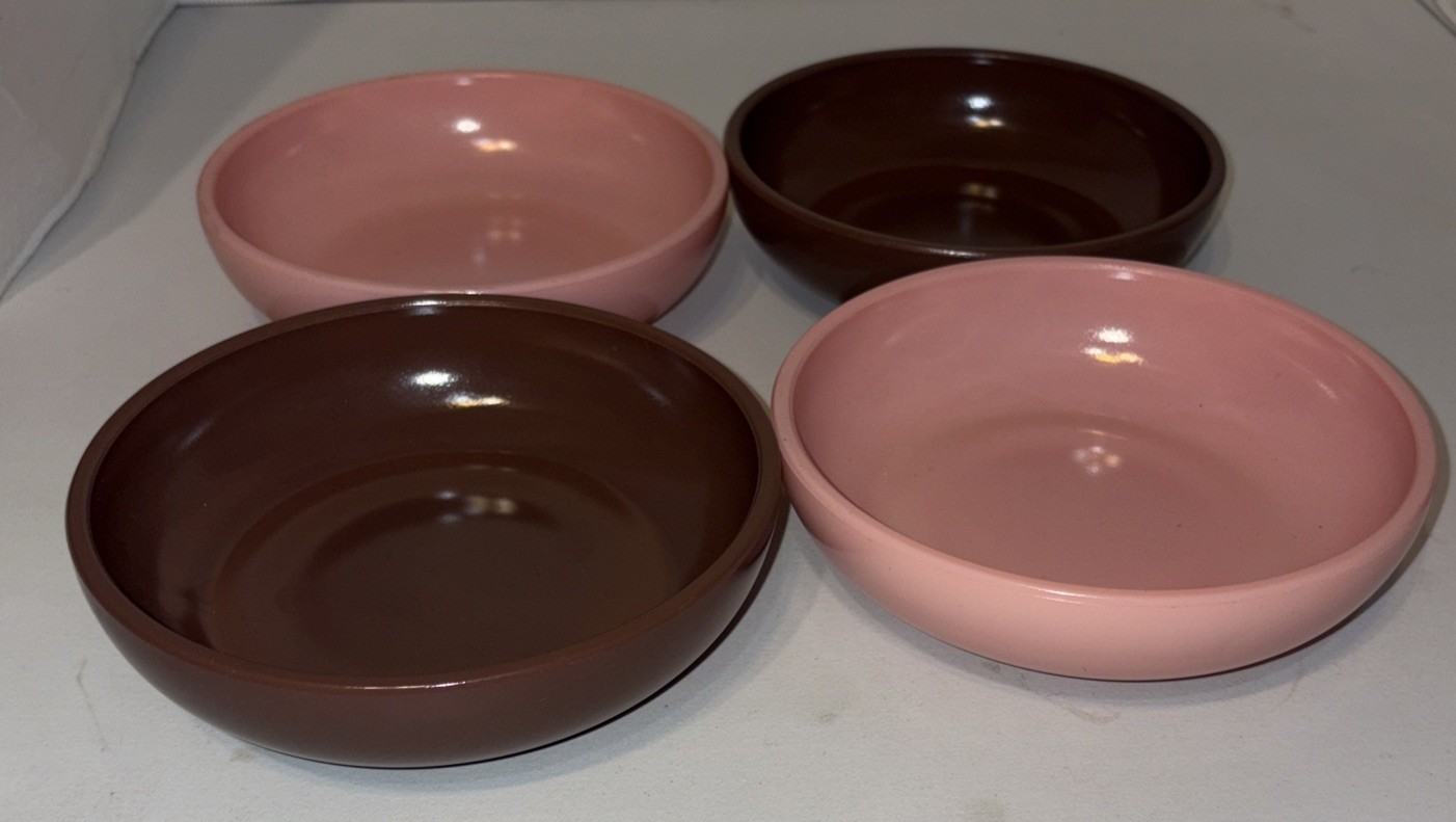 Vintage Hazel Atlas “It’s a Dilly” Pink & Brown Platonite Bowls Lot Of 4