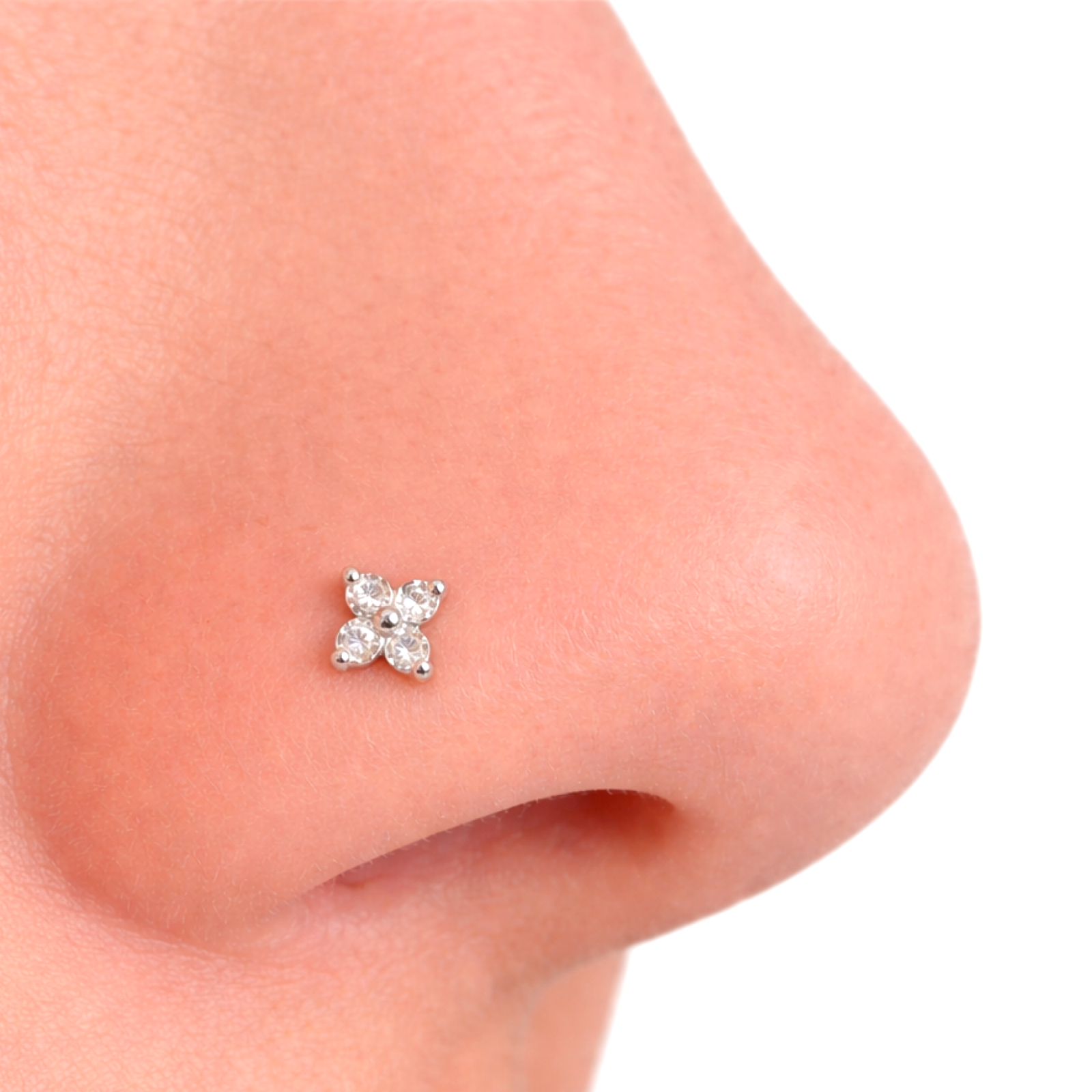 Nose Stud 4 CZ Set Star Crystal 22g (0.6mm) 925 Silver L Bent Piercing Jewellery