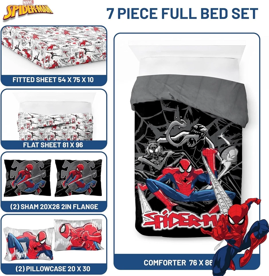  Conjunto de edredom infantil inclui lençóis e travesseiros 7 peças preto completo - Homem-Aranha - Imagem 4 de 4