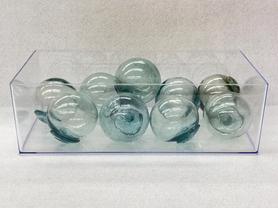 LOTE FLOTADORES DE PESCA DE VIDRIO japoneses de 2,2′′ - 9 bolas de boya redondas auténticas de colección Foto 2 de 4