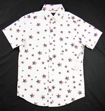 Rugby U Mens Shirt L Button Front Regular Fit Short Sleeve Patriotic Stars White