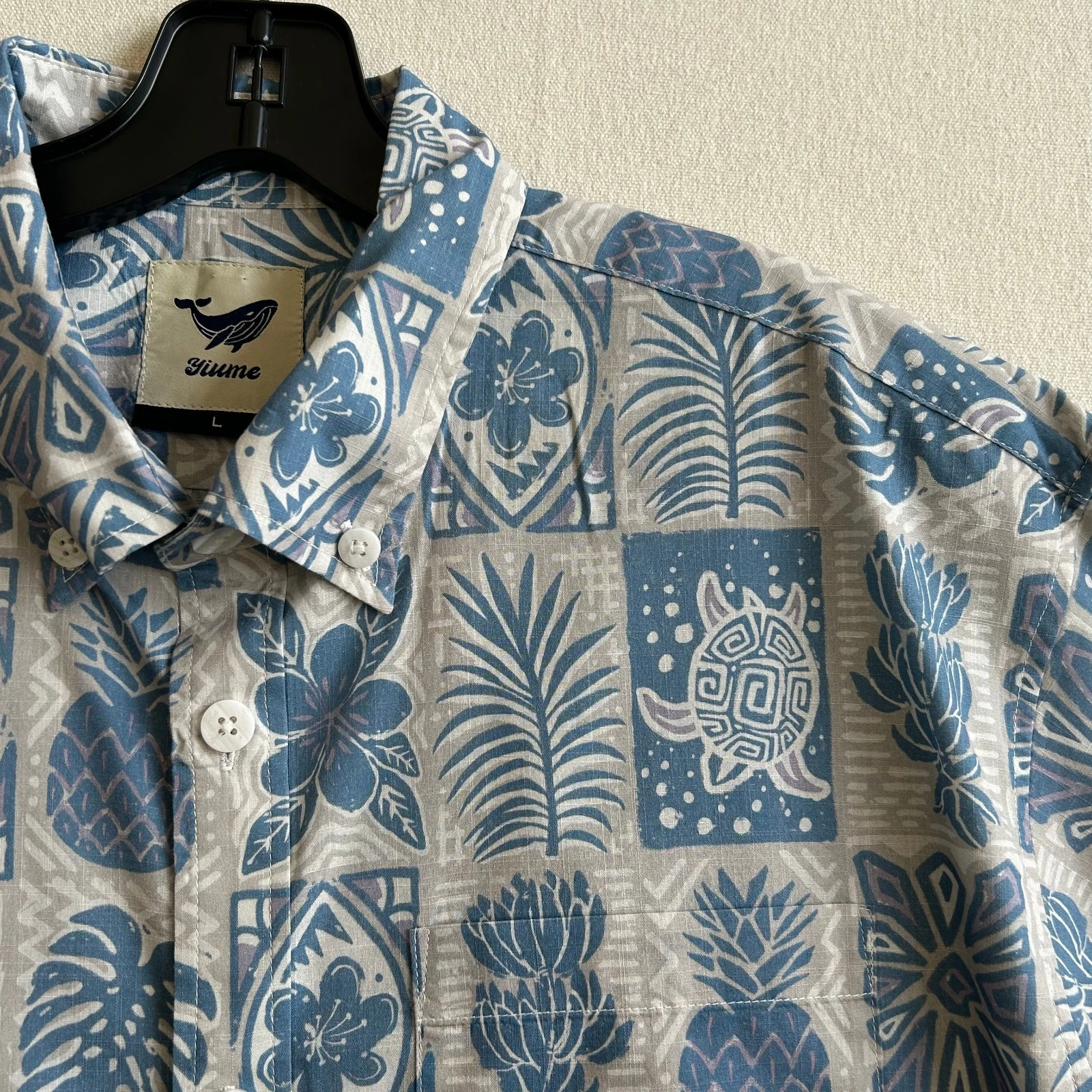 Yiume Shirt Mens Large Hawaiian Blue Gray Floral Turtle Button Up Aloha Beach