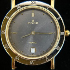 EDOX 71123 Quartz Watch Head Only Two Tone Gold Gray Dial Date Roman Bezel 34mm
